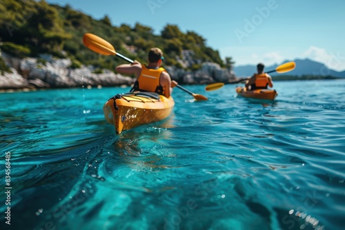 Wallpaper Mural Friends kayaking near their yacht, exploring the clear blue waters during a summer vacation. The close-up shot captures their adventurous spirits and the stunning sea, with a picturesque island Torontodigital.ca