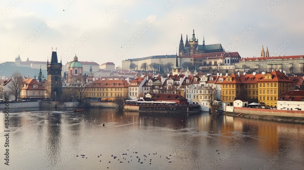 view to the Prague old town and Vltava river from Charles bridge