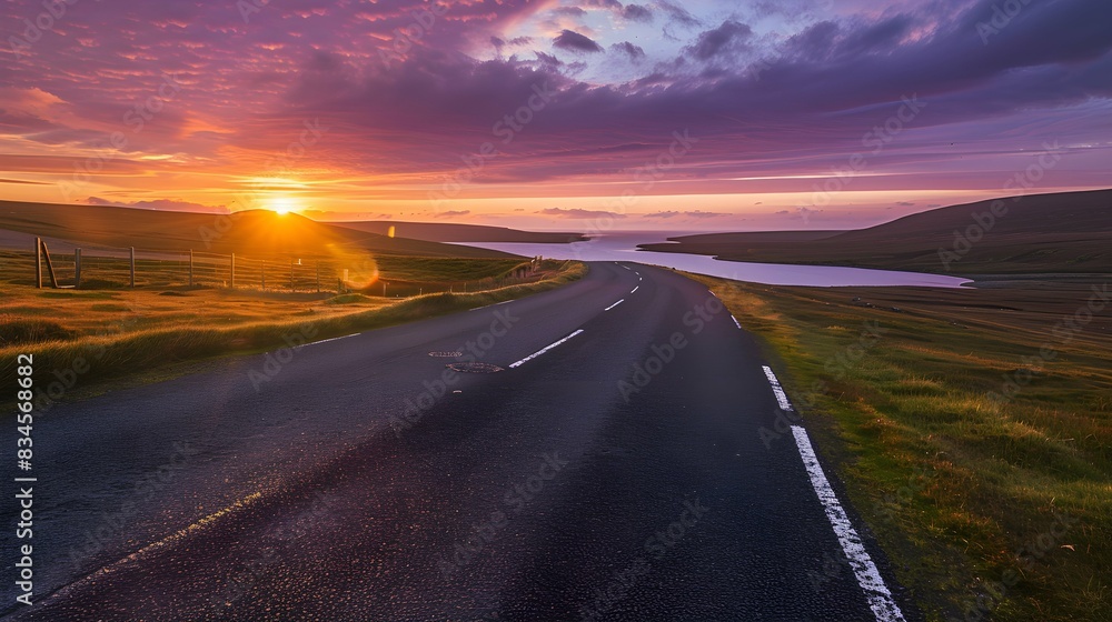 Naklejka premium UK, Scotland, Empty asphalt road in Shetland Islands at sunset