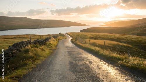 UK  Scotland  Empty asphalt road in Shetland Islands at sunset