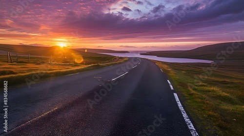 UK  Scotland  Empty asphalt road in Shetland Islands at sunset