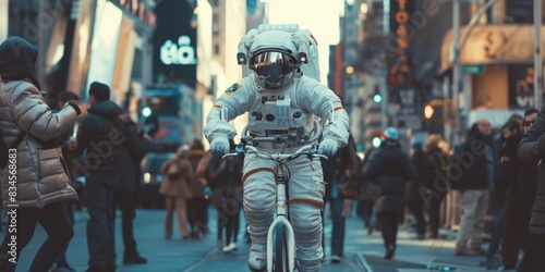 Astronaut riding a bicycle in a busy city street Concept: urban exploration, futuristic commute, blending worlds, astronaut on Earth, everyday adventure. defocus