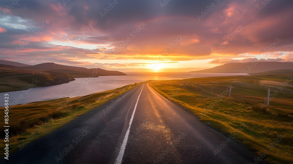 Empty asphalt road in Shetland Islands at sunset Empty asphalt road in Shetland Islands at sunset