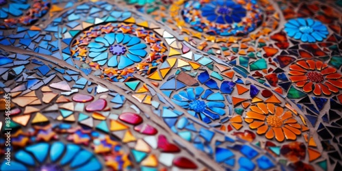banner  soft focus. Close-up of colorful mosaic art with intricate patterns Concept  vibrant design  artistic expression  detailed craftsmanship  decorative artwork  creative mosaic