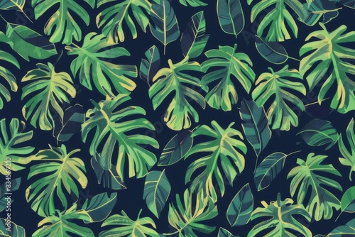 Minimalist Tropical Leaves Seamless Pattern,Elegant Monstera and Palm Leaf Design in Cool Blue Tones

