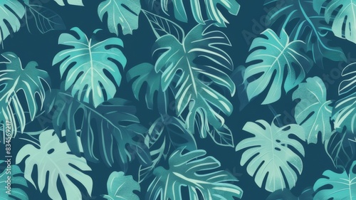 Minimalist Tropical Leaves Seamless Pattern,Elegant Monstera and Palm Leaf Design in Cool Blue Tones

