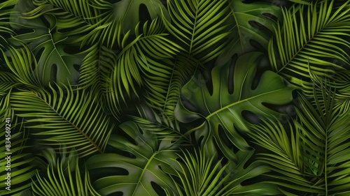 Elegant seamless pattern featuring vibrant green monstera and palm leaves for summer decor.