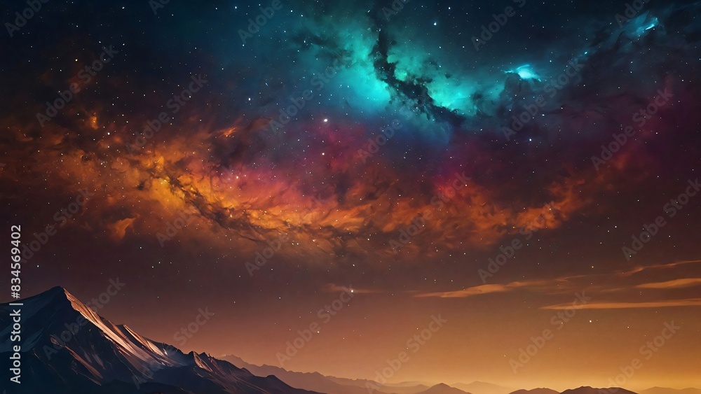 Fototapeta premium Panoramic view of great Himalayan range at evening, with the mountains glowing in the warm light of the starry night with a lot of stars