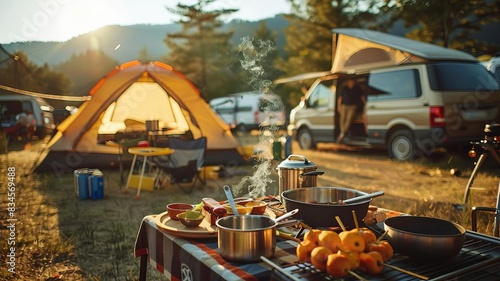 Outdoor camping cooking setup, sunny day, tent and camper van visible, no humans