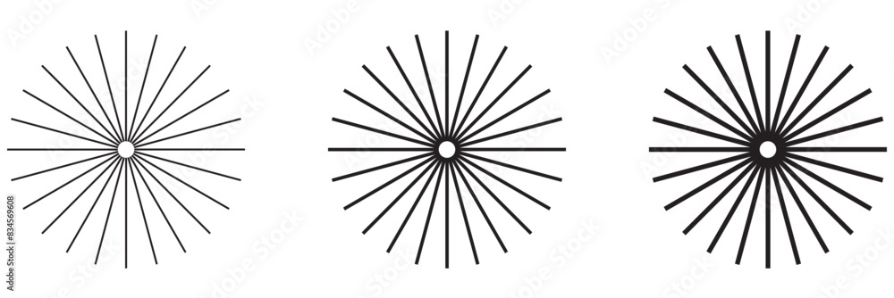 Radial circle lines. Circular radiating lines geometric element. Sun star rays symbol. Abstract geometric shapes. Design element. Vector illustration isolated on white background. Radial circle lines. Circular radiating lines geometric element. Sun star rays symbol. Abstract geometric shapes. Design element. Vector illustration isolated on white background.