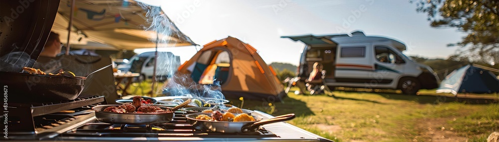Outdoor cooking at a campsite, sunny day, tent and camper van in the background, no people