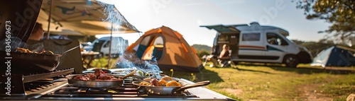 Obraz na płótnie Outdoor cooking at a campsite, sunny day, tent and camper van in the background, no people w salonie