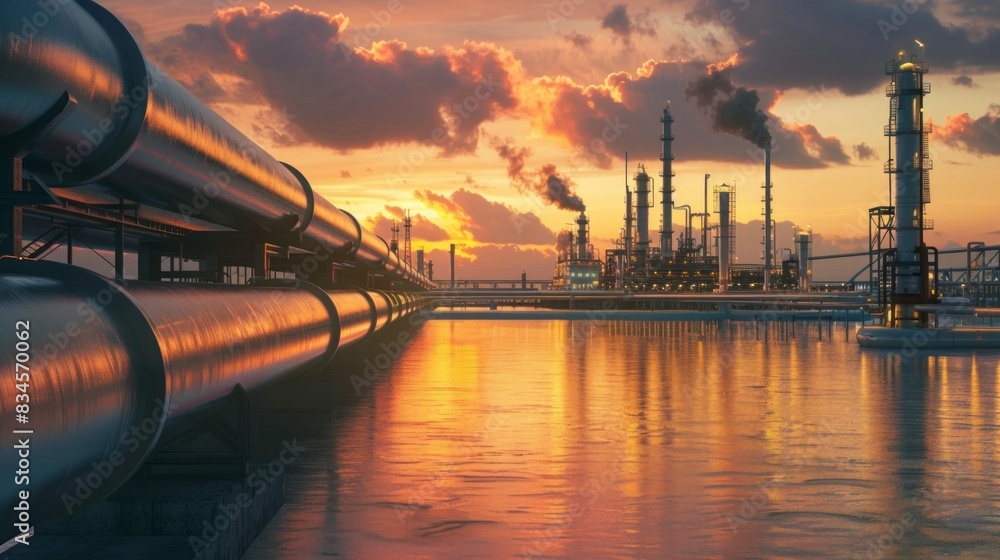 A large industrial area with a lot of pipes and a large body of water A large industrial area with a lot of pipes and a large body of water