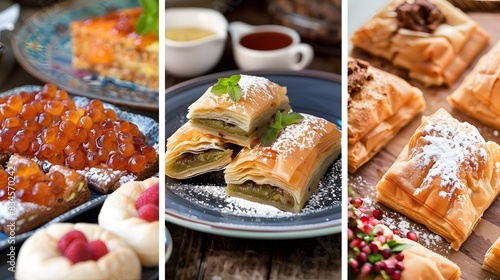 famous Arab sweet desserts like baklava, kunafeh, and halva, and explain their ingredients and preparation methods photo