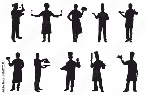 silhouettes of restaurant staff. chef, waitress and waiter. 