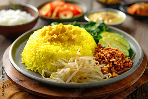 detail and specificity nasi kuning, a festive Indonesian rice dish colored with turmeric and served on special occasions. Depict the side dishes commonly served with nasi kuning photo