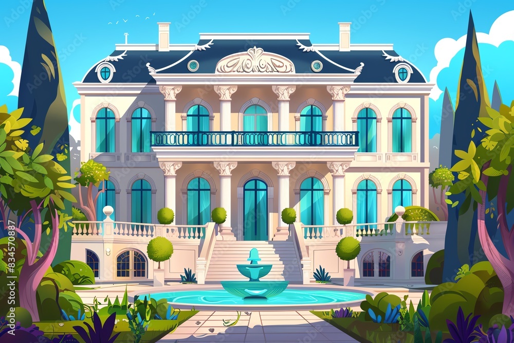 luxury mansion exterior flat design side view opulent theme cartoon drawing vivid luxury mansion exterior flat design side view opulent theme cartoon drawing vivid