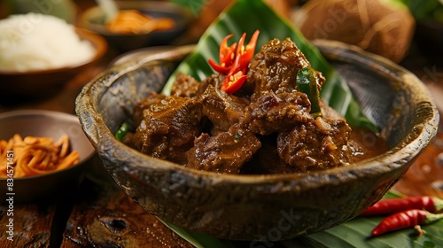 origins and unique characteristics of rendang, a traditional Indonesian beef curry dish cooked with coconut milk and aromatic spices photo