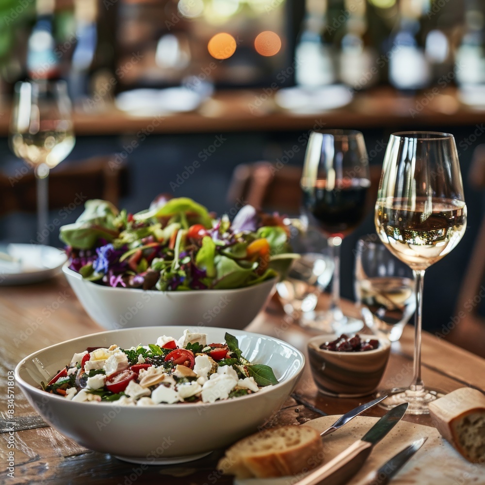Fresh salad and wine elegantly presented on a wooden table in a restaurant, highlighting a sophisticated dining experience Fresh salad and wine elegantly presented on a wooden table in a restaurant, highlighting a sophisticated dining experience
