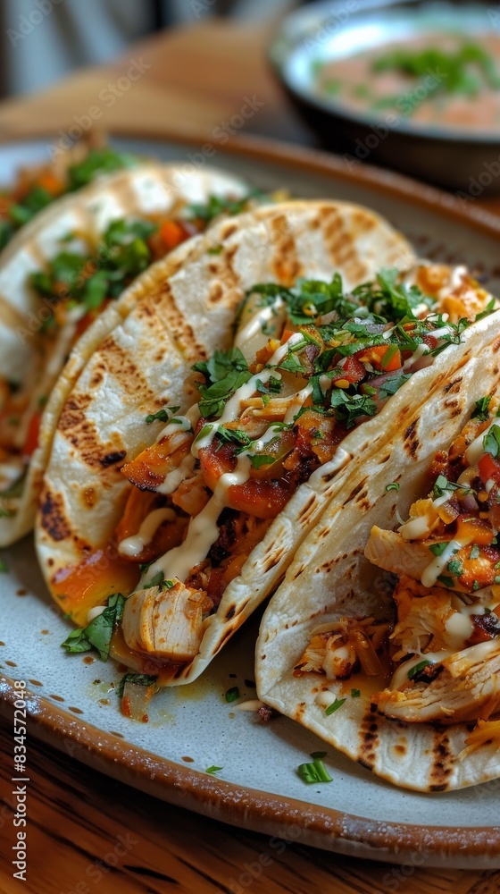 Close-up image of chicken tacos garnished with herbs and sauce on a ceramic plate, offering a visual treat of a popular Mexican dish Close-up image of chicken tacos garnished with herbs and sauce on a ceramic plate, offering a visual treat of a popular Mexican dish