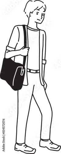 Black-and-white line drawing illustration of a young man walking happily