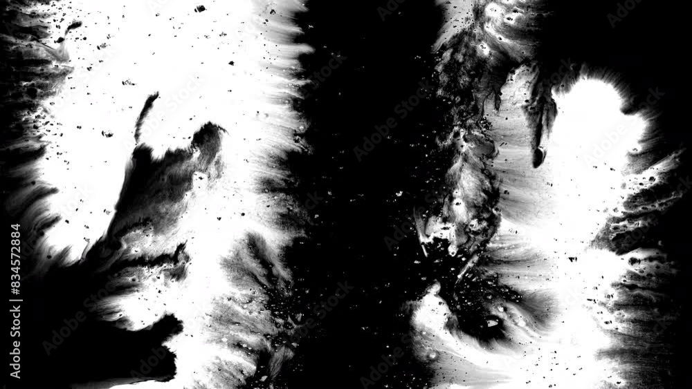Black ink artistic abstract grunge background flow splatter spots spills white paper beautiful reveal dripping streaks spread fluid ink alpha matte isolated watercolor ink drops transition