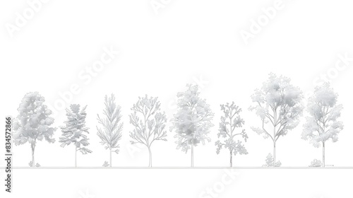 Minimal style cad tree line drawing, Side view, set of graphics trees elements outline symbol for architecture and landscape design drawing. 
