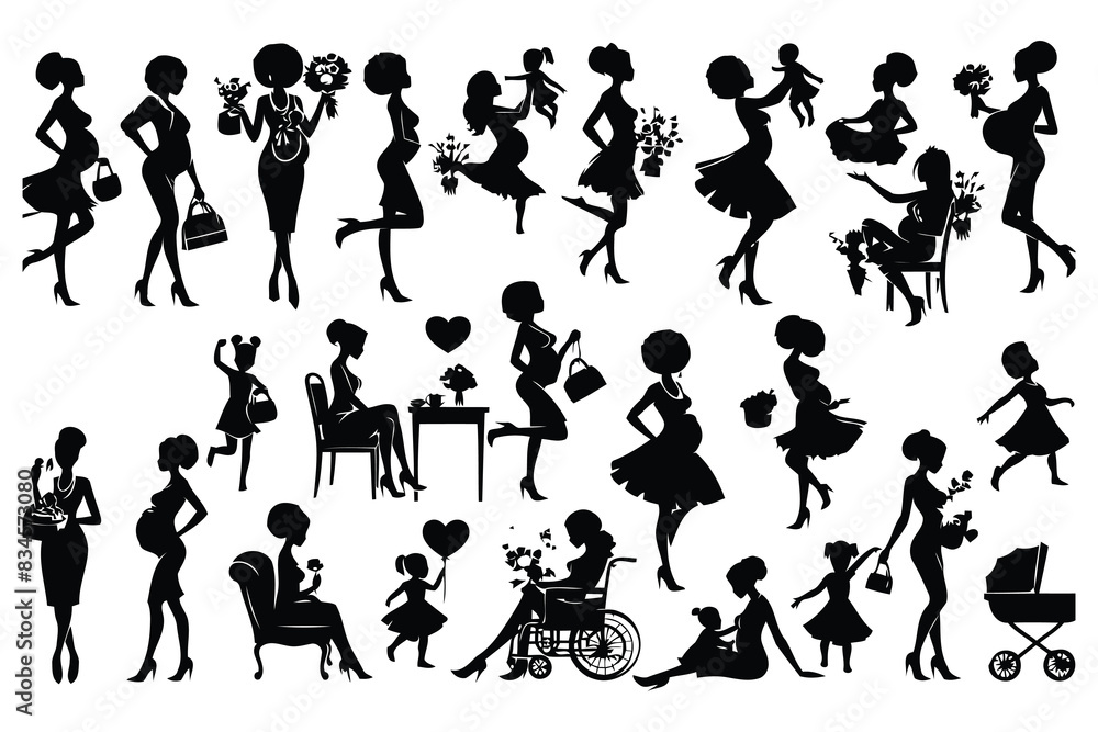 Happy Mother's Day Vector silhouette collection, on white background illustration for mothers day Happy Mother's Day Vector silhouette collection, on white background illustration for mothers day