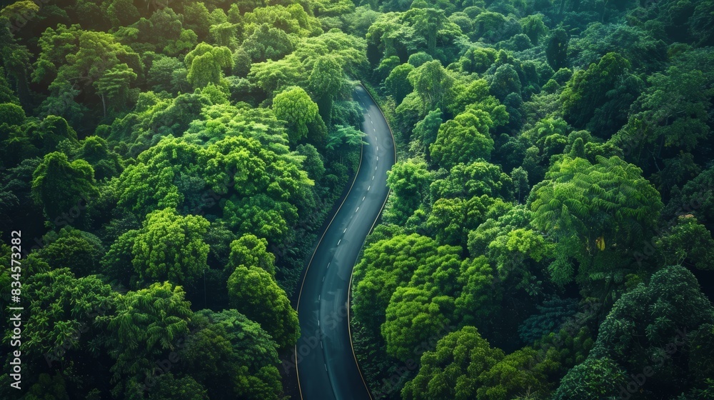 Winding road through lush forest, symbolizing sustainability and green energy