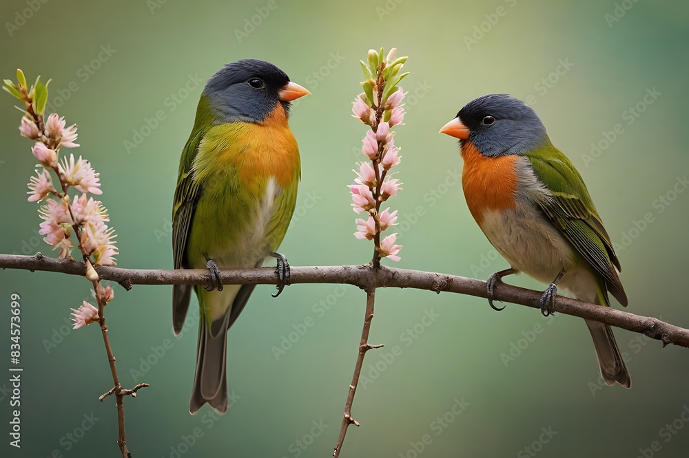 A pair of a tiny little birds on a bench of a tree