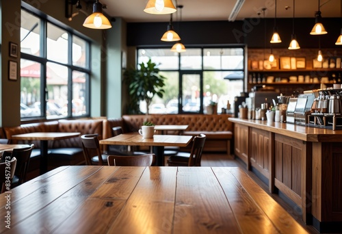 Illustrate a bustling modern coffee shop  with a polished wooden table in the foreground and a softly blurred background that suggests a lively atmosphere