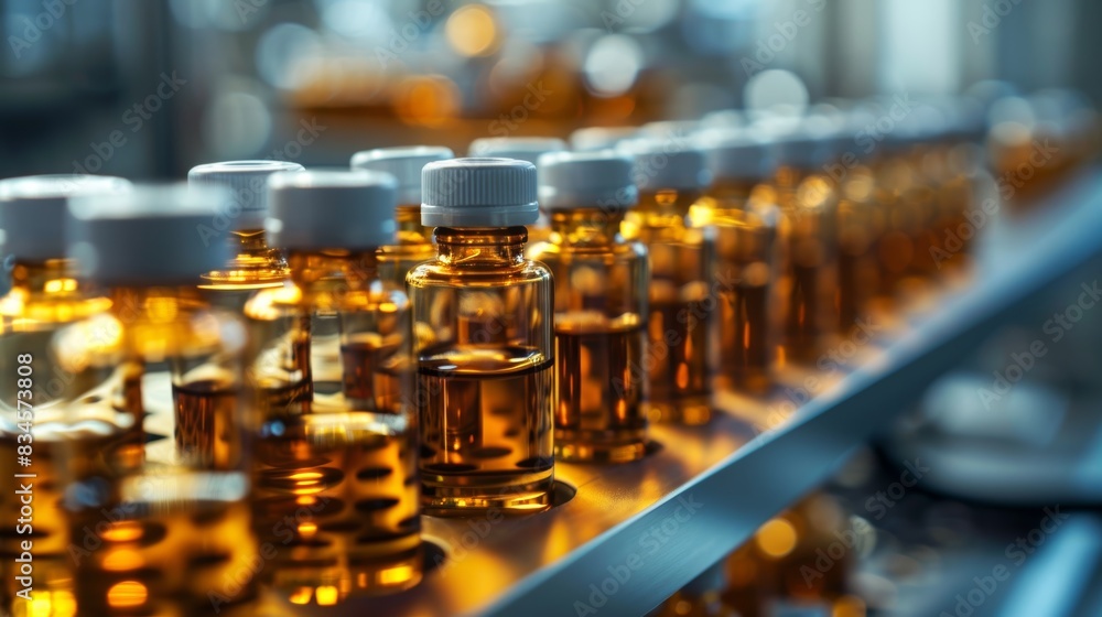 Scientific laboratory with neatly arranged vials, amber liquid for clinical trials Scientific laboratory with neatly arranged vials, amber liquid for clinical trials