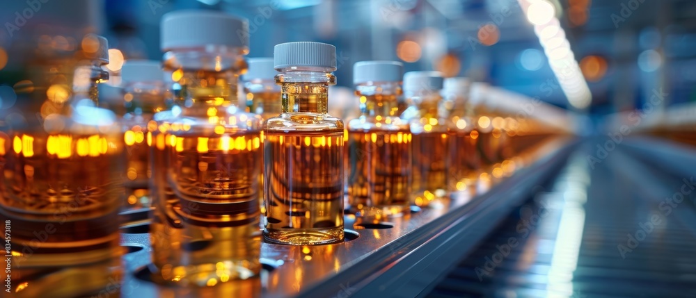 Rows of clinical vials with amber liquid, advanced medical research facility Rows of clinical vials with amber liquid, advanced medical research facility