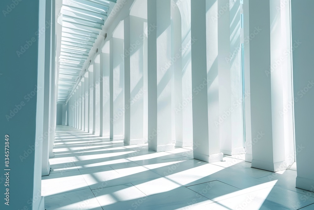 Fototapeta premium Airy widescreen minimalistic white and light blue architectural background banner with tilted columns, AI-generated