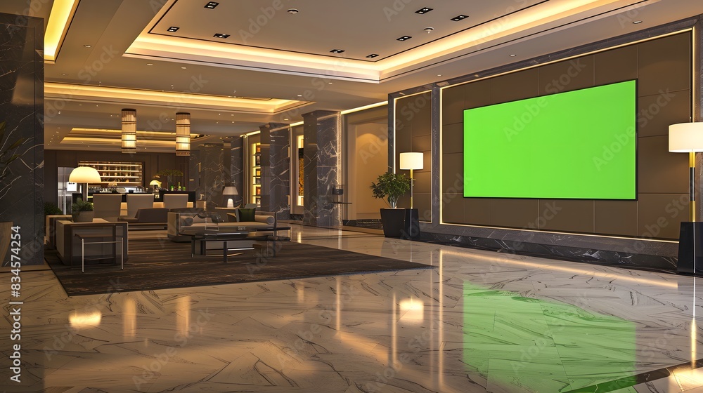 large TV in the hotel lobby, the TV screen is a green screen large TV in the hotel lobby, the TV screen is a green screen