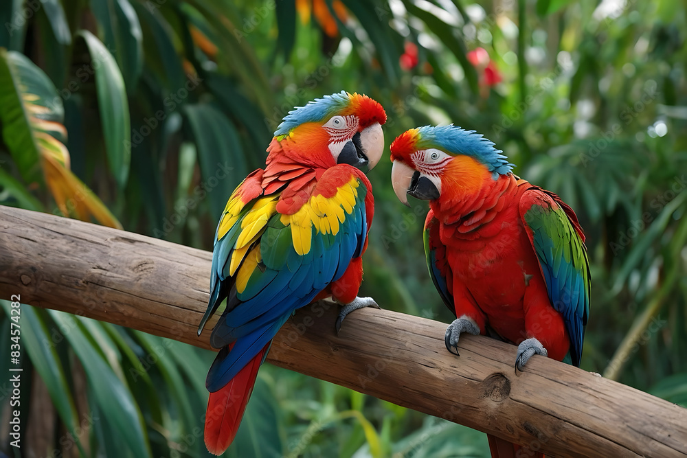 Obraz premium A pair of lovely parrots on a bench