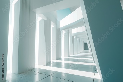 Airy widescreen minimalistic white and light blue architectural background banner with tilted columns  AI-generated