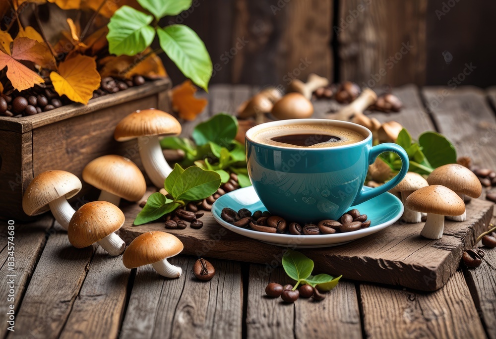 Illustrate a cozy autumn setting with a warm cup of coffee amidst a casual array of whole mushrooms and roasted coffee beans on weathered wood planks, interspersed with small green leaves for a pop of Illustrate a cozy autumn setting with a warm cup of coffee amidst a casual array of whole mushrooms and roasted coffee beans on weathered wood planks, interspersed with small green leaves for a pop of