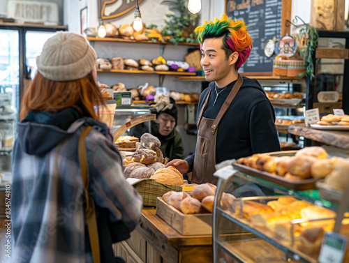 LGBTQ+ with vibrant colorful haircolor and hair style worker talking with customers in a small bakery.  photo