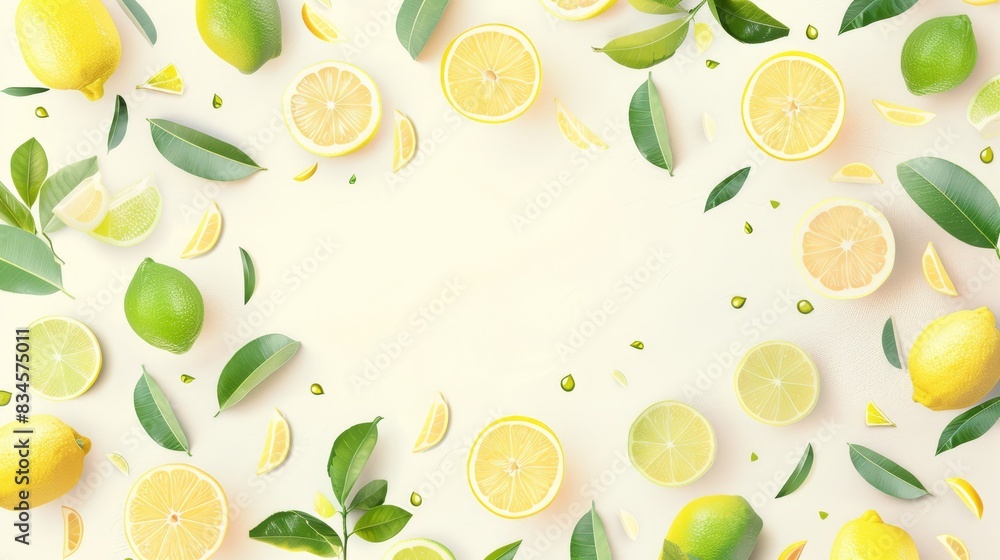 Assorted lemons and limes with green leaves arranged on a light background. Fresh and vibrant citrus concept, isolated on white. Assorted lemons and limes with green leaves arranged on a light background. Fresh and vibrant citrus concept, isolated on white.