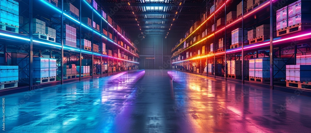 Futuristic warehouse with holographic elements and glowing racks of packages Futuristic warehouse with holographic elements and glowing racks of packages