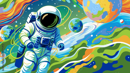 Vibrant Astronaut Floats in Cosmic Abstract Space