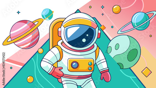 Colorful Astronaut Cartoon Exploring Vibrant Outer Space Illustration