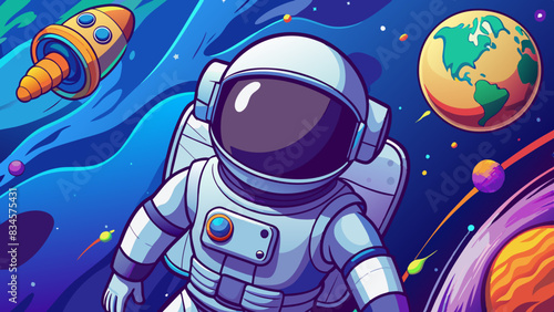 Colorful Space Adventure: Astronaut Exploring Vibrant Cosmic Realm