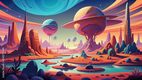 Surreal Alien Landscape with Colorful Planetary Bodies at Twilight