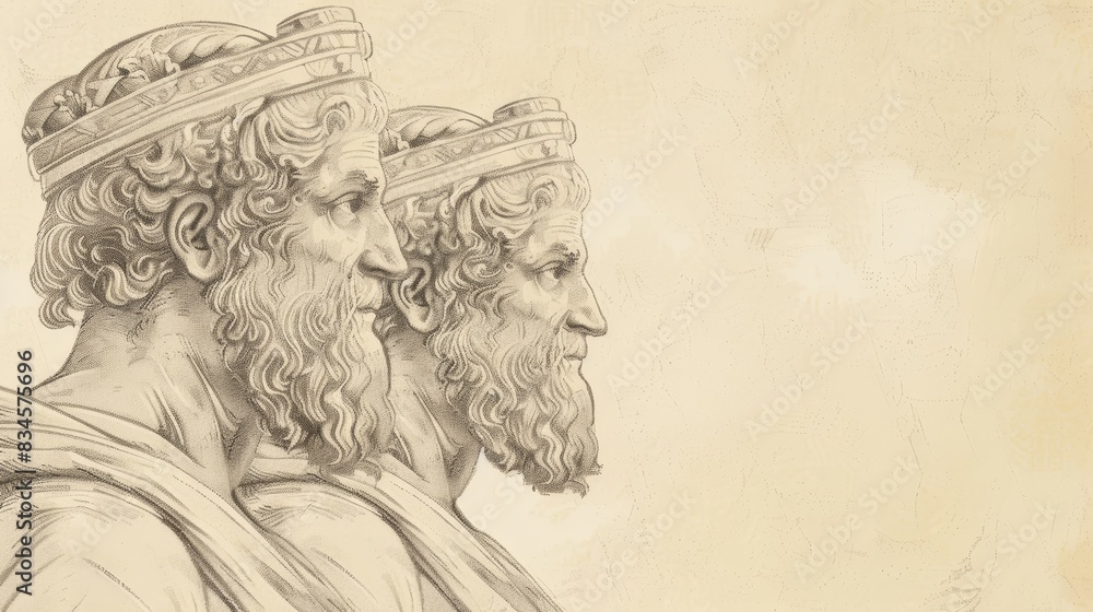 Obraz premium Biblical Illustration of 2 Kings 21: Reigns of Manasseh and Amon in Judah, Idolatry and Evil Practices, Consequences Leading to God's Judgment on Beige Background with Copyspace