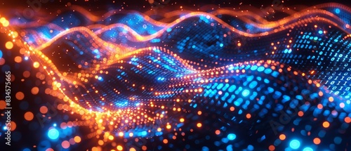 Dynamic binary code waves with neon blue and orange lights, representing digital data flow