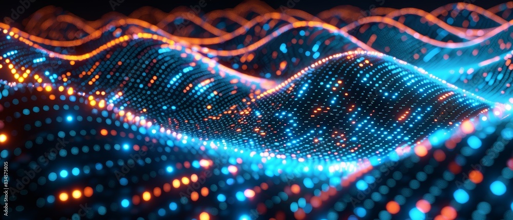 Digital waves of binary code, highlighted with vibrant neon blue and orange colors Digital waves of binary code, highlighted with vibrant neon blue and orange colors