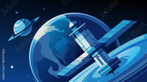 Futuristic Space Satellite Orbiting an Alien Planet