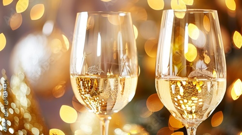 Photo of two glasses of sparkling wine with festive bokeh lights in the background. The image captures a celebratory  elegant atmosphere.